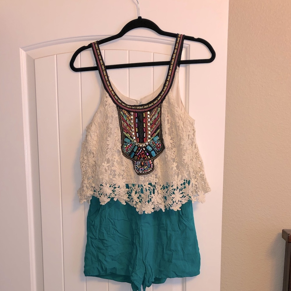 Beaded and lace romper
